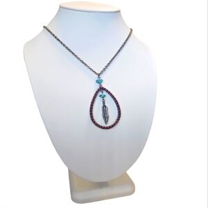 Tribal Necklace With Genuine Turquoise,Feather & Huayruro Seeds Pendant.